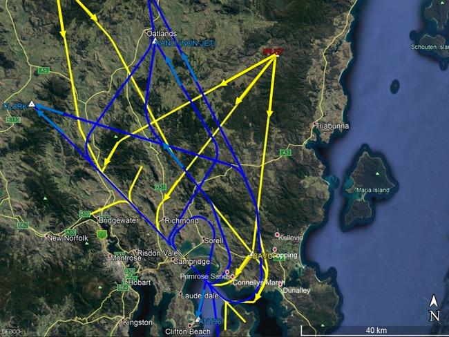 The New Hobart Airport flight paths which are expected to be implemented in November. Picture: SUPPLIED