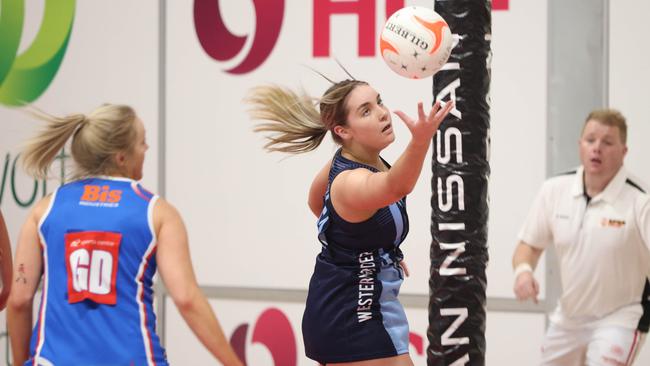 Western Border and Whyalla go head-to-head at the Netball SA Country Championships at Netball SA Stadium. Picture: Russell Millard