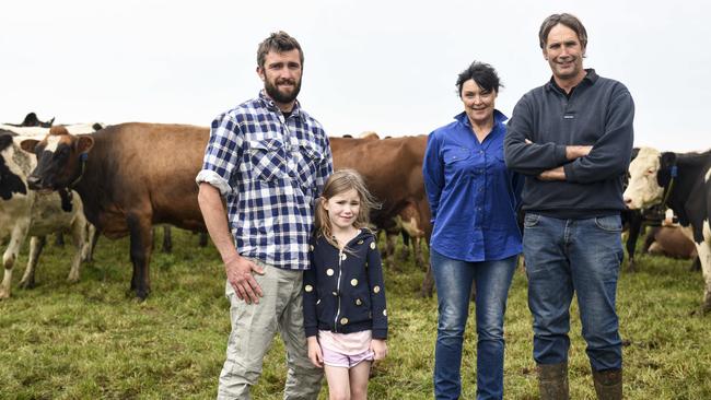 Well managed: Issac Fynn and daughter Ruby Fynn, 7, work with Andrea and Bruce Vallance, Nirranda, running 800 milking cows on at their dairy. Picture: Dannika Bonser