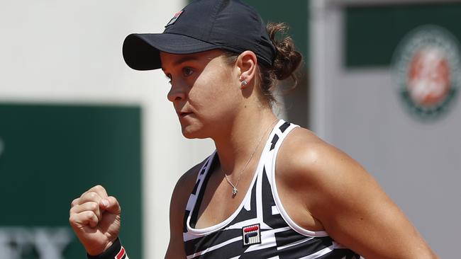 Australia's Asleigh Barty clenches her fist after scoring a point against Madison Keys. Picture: AP