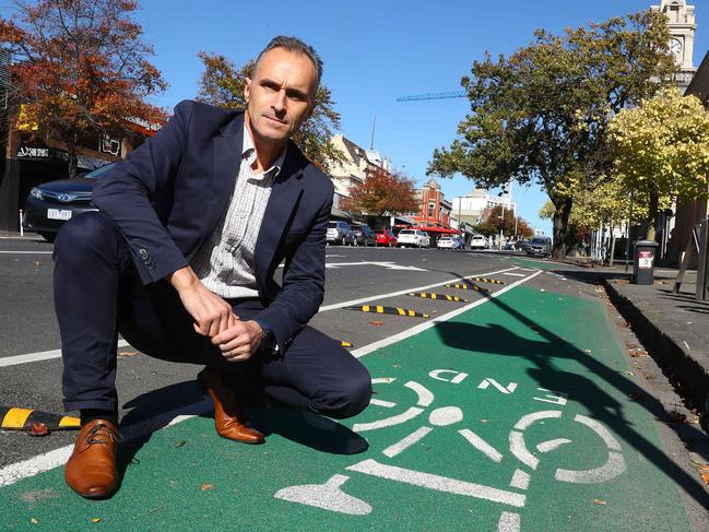 Cr Eddy Kontelj with the new bike lanes on Gheringhap St Geelong. Picture: Alison Wynd