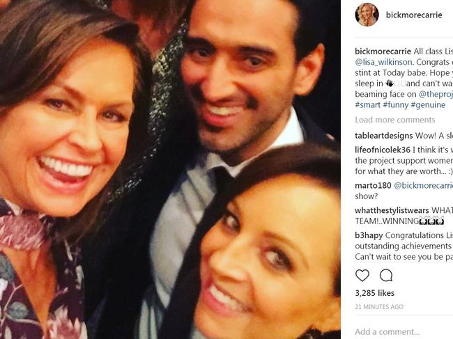 Carrie Bickmore with Lisa Wilkinson and Waleed Aly. Picture: Instagram @bickmorecarrie