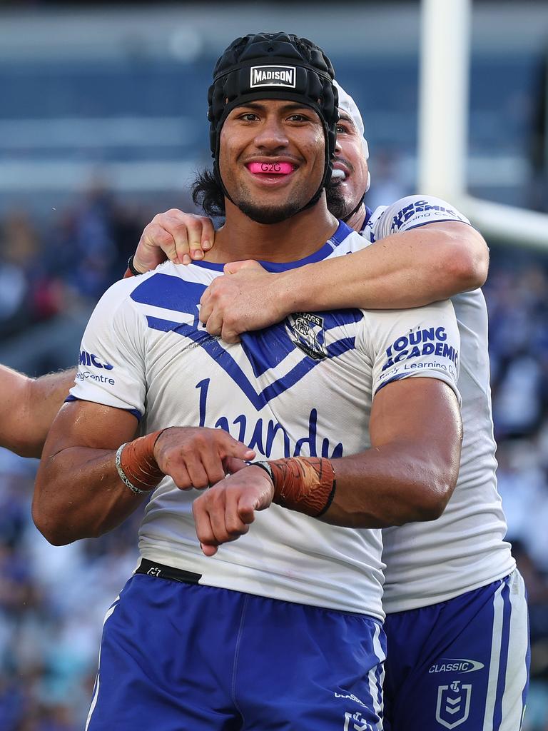 Stephen Crichton celebrates after scoring a try against the Newcastle Knights. Picture: Getty Images