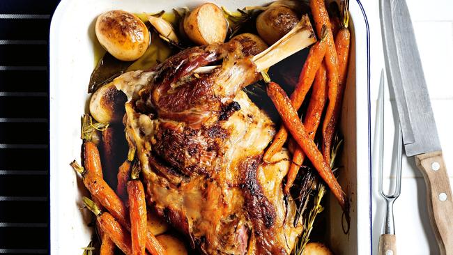 Slow roast this lamb shoulder and vegetables.