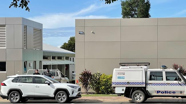 Police cars outside Peace Lutheran College in Cairns after a female student, 18, was allegedly stabbed by a male student. Tuesday, May 16, 2023.