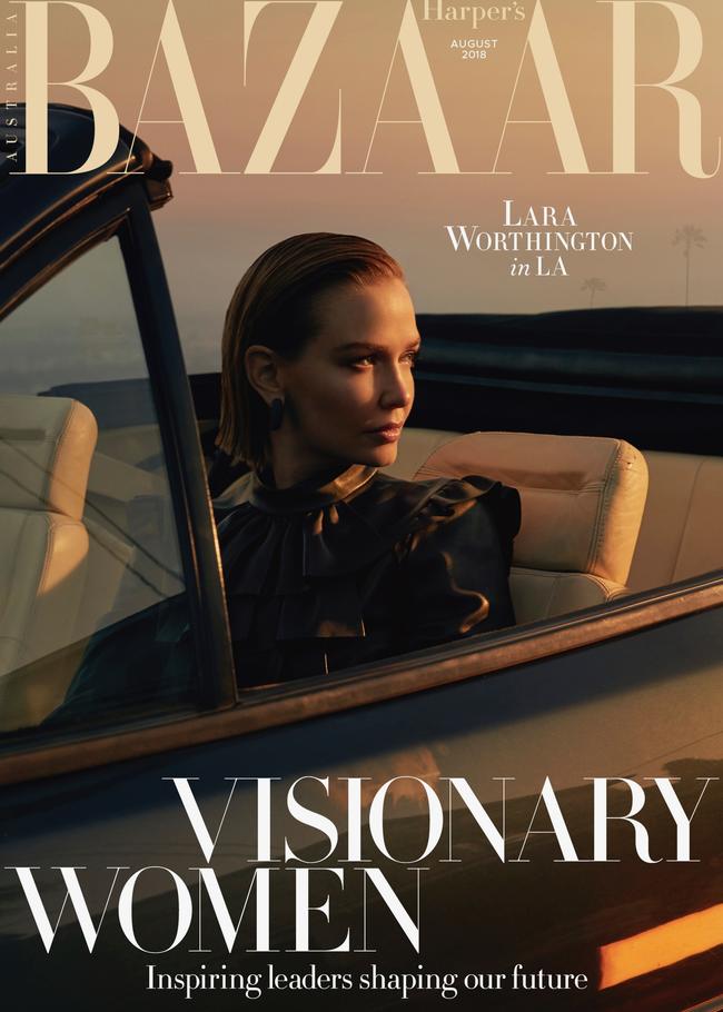 Lara Worthington on the cover of Harpers Bazaar. Picture: Darren McDonald