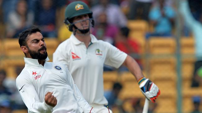 India’s captain Virat Kohli celebrates the dismissal of Australian all-rounder Mitch Marsh during the second Test in Bangalore last year. Picture: AFP