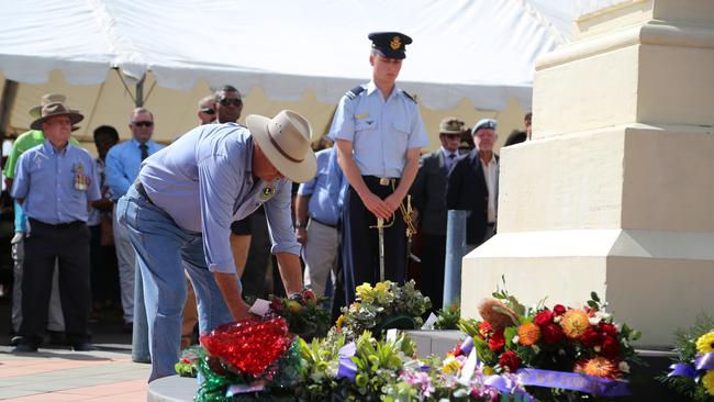 On behalf of Mareeba Lions Club Denis McKinley laid a wreath at the Mareeba Anzac Day Service at the 2019 parade. Picture: Bronwyn Wheatcroft