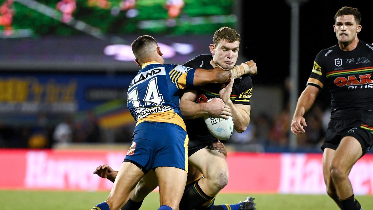 This tackle led to the decisive penalty goal in last year’s finals series. Picture: NRL Photos