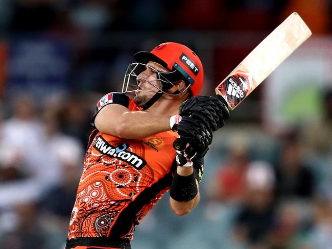 CANBERRA, AUSTRALIA - FEBRUARY 04: Liam Livingstone of the Scorchers bats during the Big Bash League match between the Perth Scorchers and the Brisbane Heat at Manuka Oval, on February 04, 2021, in Canberra, Australia. (Photo by Brendon Thorne/Getty Images)