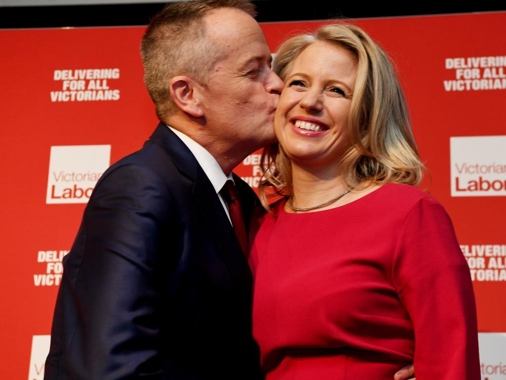 Opposition Leader Bill Shorten kisses his wife Chloe Shorten at the 2018 Victorian Labor State Conference held at Moonee Valley Racecourse in Melbourne. Picture: AAP Image/Tracey Nearmy