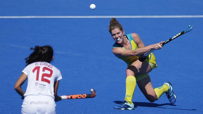 Georgina Morgan hits the ball during the 2018 Women's Hockey World Cup where Australia finished fourth. Pic: AFP