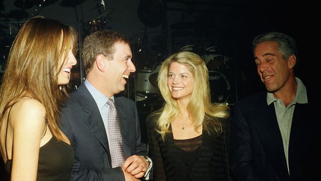 Melania Trump, Prince Andrew, Gwendolyn Beck and Jeffrey Epstein at a party at the Mar-a-Lago club, Palm Beach, Florida, February 12, 2000. Picture: Davidoff Studios/Getty Images.