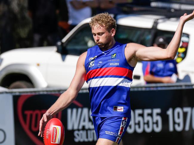 Jackson Calder kicks a goal for Mornington. Picture: Alan Dillon