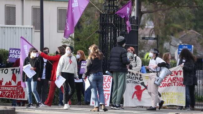 Prostestors block the entrance to the University of Sydney’s Ross St entrance during a protest Picture: John Grainger