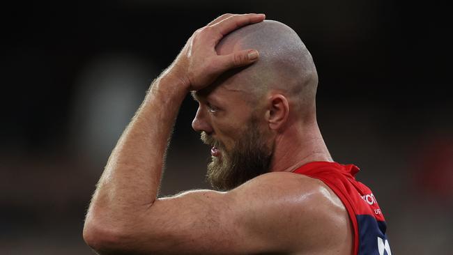 MELBOURNE, AUSTRALIA - JULY 27: Max Gawn of the Demons reacts on the final siren during the round 20 AFL match between Melbourne Demons and Greater Western Sydney Giants at Melbourne Cricket Ground, on July 27, 2024, in Melbourne, Australia. (Photo by Daniel Pockett/Getty Images)