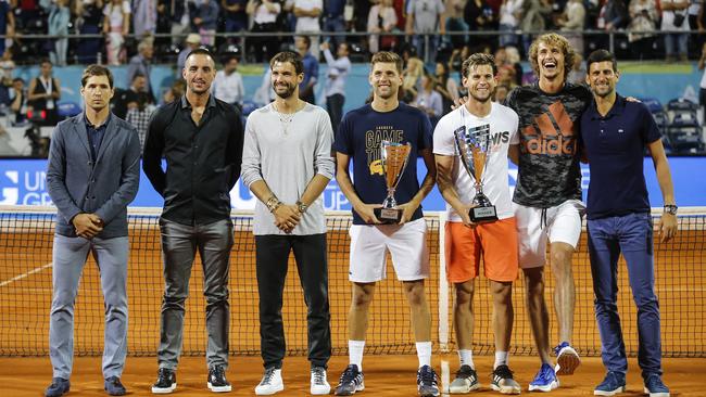 Novak Djokovic of Serbia, far right, and other players at the Adria Tour charity exhibition, on June 14, 2020 in Belgrade, Serbia. Picture: Getty