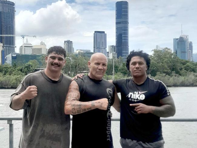 Dolphins centre Valynce Te Whare training hard with Mark 'Chopper' Burgess and Tesi Niu – Picture: Supplied