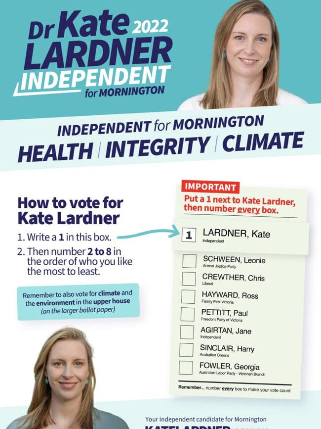 The how-to-vote card for Kate Lardner.