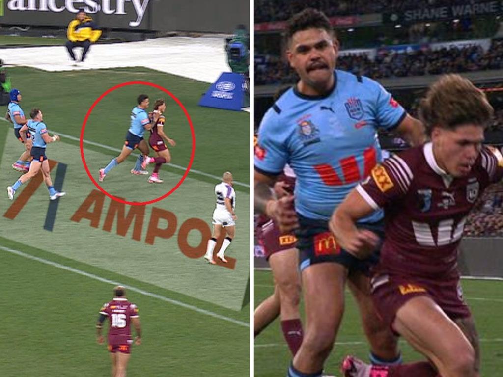 Latrell Mitchell shove on Reece Walsh in Origin Game II.