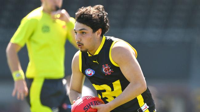 MELBOURNE, AUSTRALIA - SEPTEMBER 28: Hussien El Achkar of the Bachar Houli Senior Academy marks the ball during the 2023 Diversity Series match between Bachar Houli Academy and Victorian Diversity All Stars at Victoria Park on September 28, 2023 in Melbourne, Australia. (Photo by Morgan Hancock/AFL Photos via Getty Images)