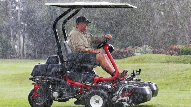 Half Moon Bay Golf Club course superintendent Grant Cockerell keeps an eye on the sky and the lawnmower close by in summer. PICTURE: BRENDAN RADKE.