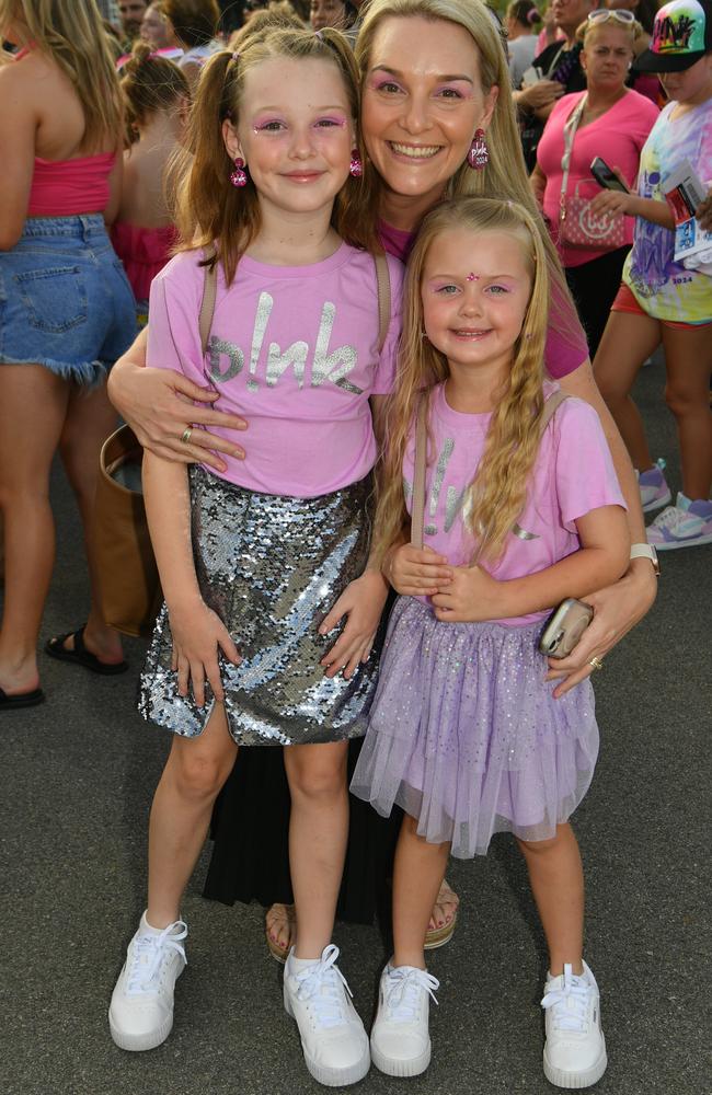 Socials at Pink convert at Townsville's Quensland Country Bank Stadium. Hayley Barker with Grace, 8, and Brooke, 5. Picture: Evan Morgan