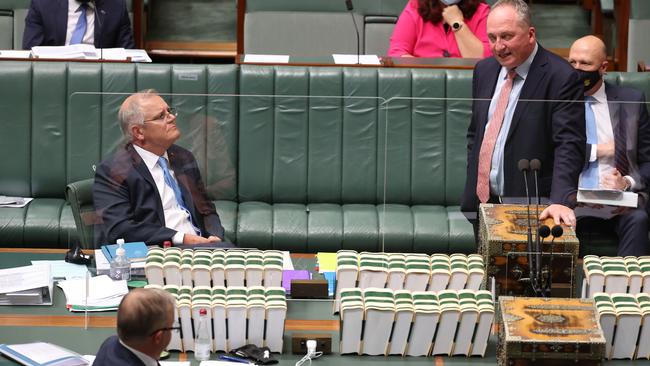 Barnaby Joyce with Prime Minister Scott Morrison during question time in the House of Representatives today. Picture: Gary Ramage / NCA NewsWire