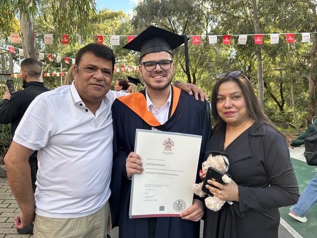 The Mehta family as their son graduates with a Bachelor of Digital Business from La Trobe University on May 14, 2024. Picture: Brittany Busch.