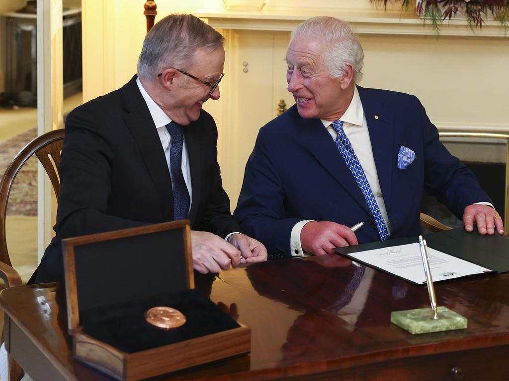 King Charles and Australian Prime Minister Anthony Albanese talk during the signing of two Royal Warrants granting the Great Seal of Australia at Parliament House. Picture: Getty Images