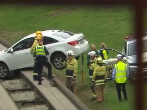 A car drove on to the O-Bahn at Mobury and became stuck. Picture: 7NEWS