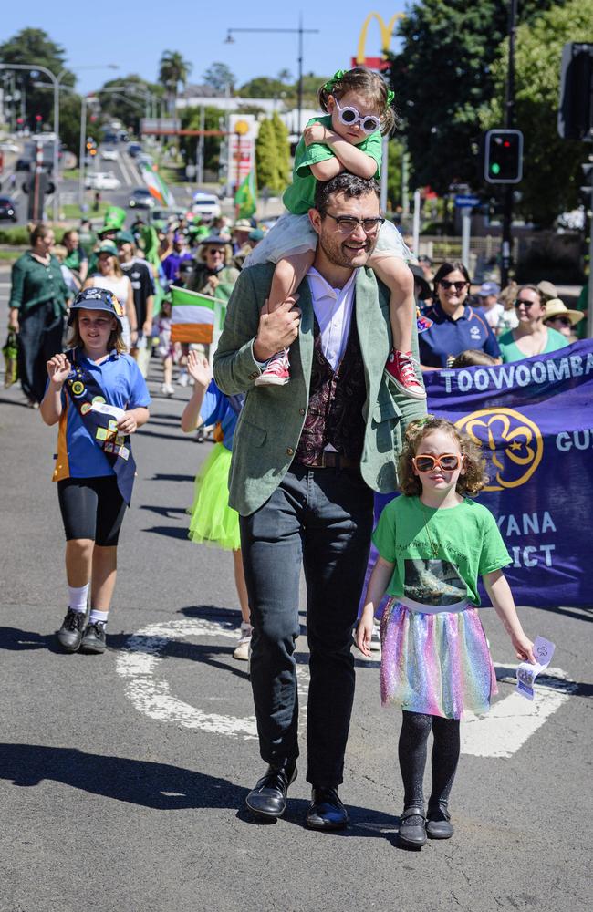 Ben Mayes with daughters Esther and (walking) Eleanor Mayes in the Darling Downs Irish Club St Patrick's Day parade, Sunday, March 16, 2025. Picture: Kevin Farmer