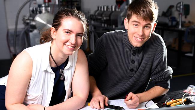 Neumann Space project manager Monika Stankiewicz works with lab engineer Oliver Grenfell. Picture: AAP/Mark Brake