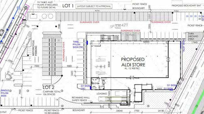 Design plans for Aldi's new Cannonvale store between Shute Harbour Rd and Central Ave. Picture: Documents submitted to Whitsunday Regional Council