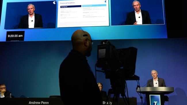 Outgoing Telstra CEO Andy Penn hands down the telco’s financial results at the company's Melbourne headquarters. Picture: NCA NewsWire / Andrew Henshaw