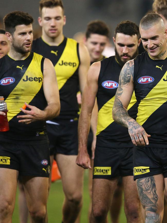 Trent Cotchin and Dustin Martin discuss the round 12 loss to Geelong. Pic: Michael Klein