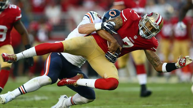 San Francisco quarterback Colin Kaepernick is sacked during the second quarter.