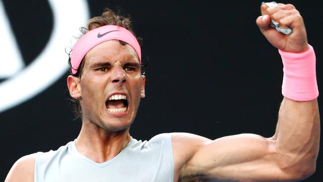 MELBOURNE, AUSTRALIA - JANUARY 21:  Rafael Nadal of Spain celebrates winning a point in his fourth round match against Diego Schwartzman of Argentina on day seven of the 2018 Australian Open at Melbourne Park on January 21, 2018 in Melbourne, Australia.  (Photo by Michael Dodge/Getty Images)