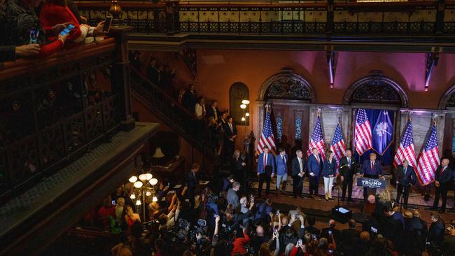 Former US President Donald Trump, joined by members of his leadership team, speaks at a 2024 election campaign event in Columbia, South Carolina. Picture: AFP