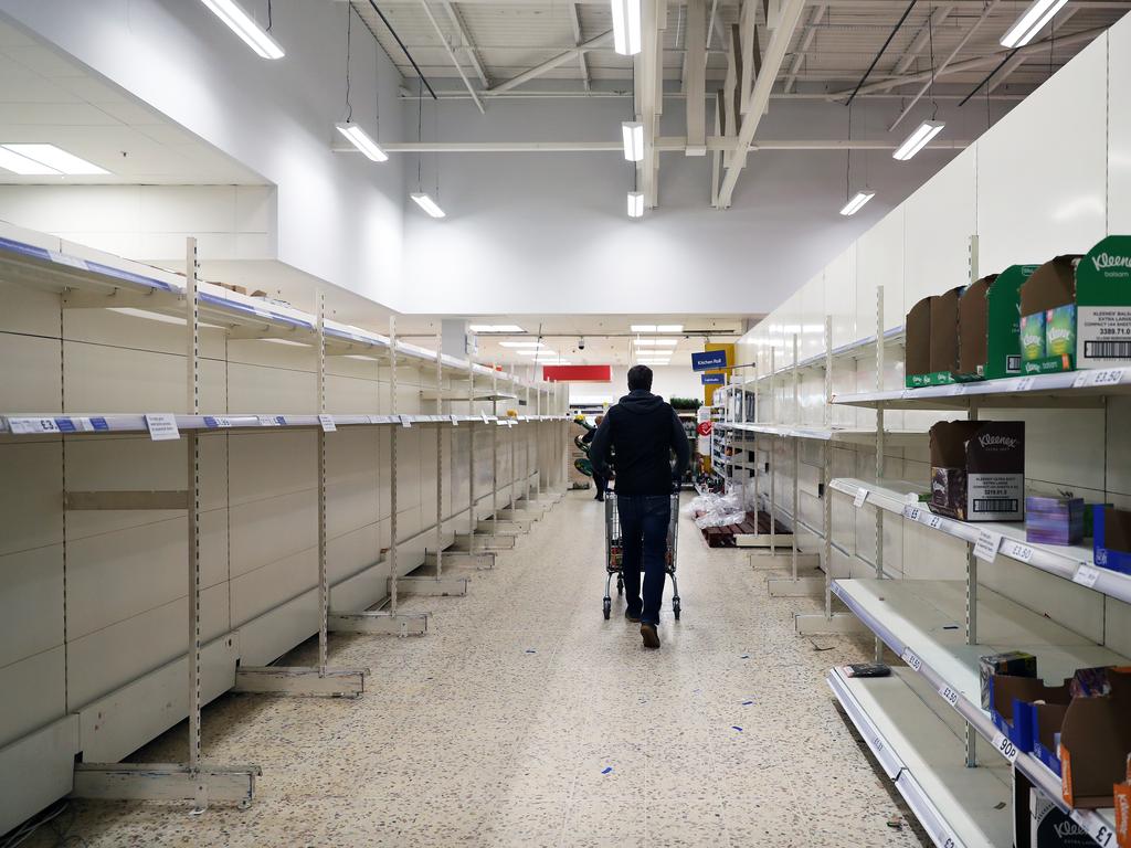 Like Australia, Britain supermarkets have had their shelves stripped because of panic buying. Picture: Naomi Baker/Getty Images.