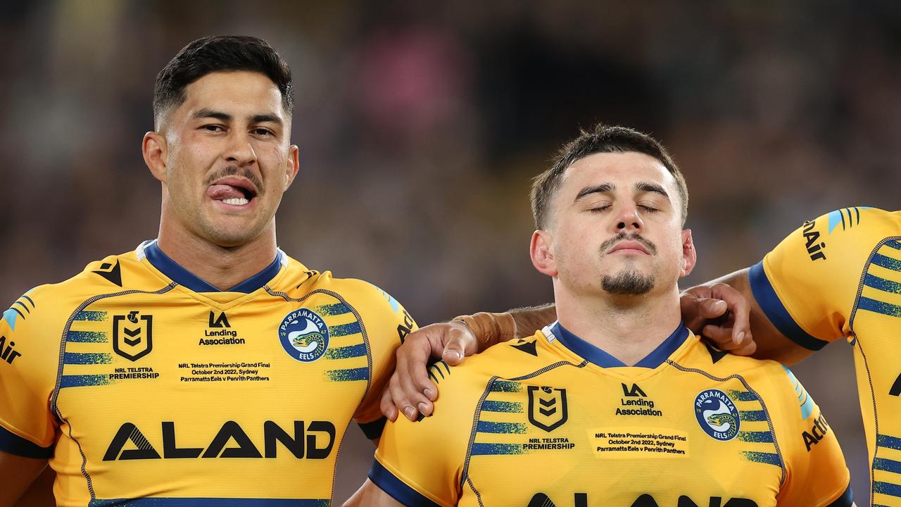 SYDNEY, AUSTRALIA - OCTOBER 02: Dylan Brown, Reed Mahoney and Ryan Matterson of the Eels line up for the national anthem during the 2022 NRL Grand Final match between the Penrith Panthers and the Parramatta Eels at Accor Stadium on October 02, 2022, in Sydney, Australia. (Photo by Mark Kolbe/Getty Images)