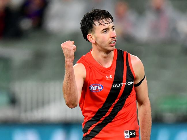 Nic Martin of the Bombers celebrates a goal, Photo by Josh Chadwick/AFL Photos/via Getty Images.