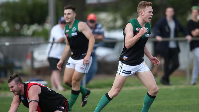 Matthew Smith celebrates after scoring a goal for Greenvale during the EDFL footy: Pascoe Vale V Greenvale game. Saturday, April 9. 2016. Picture: David Crosling