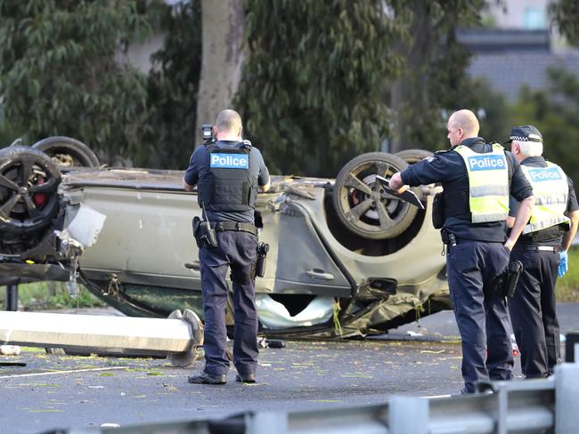 Police and emergency services at a fatal car crash on Plenty Rd in Bundoora. Thursday, June 16, 2022. Picture: David Crosling