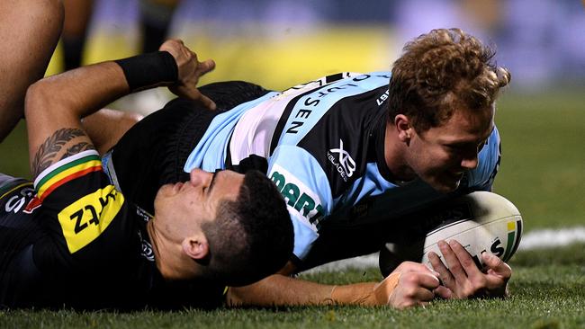 Matt Moylan scored his first try for the Sharks against his old club.