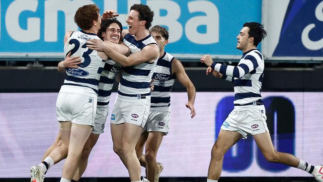 Gryan Miers celebrates the first goal of the night. Picture: Getty Images