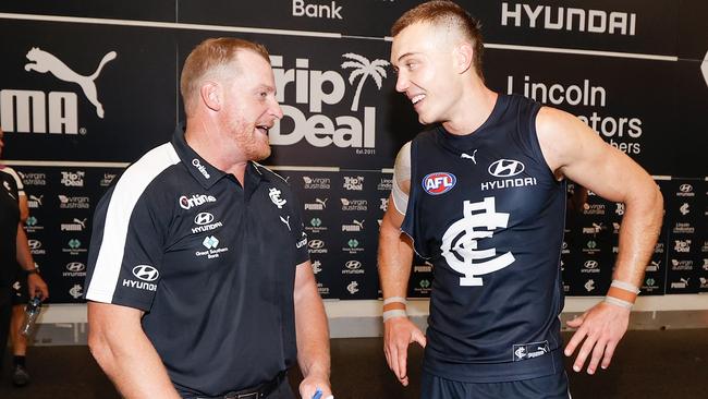 Michael Voss and Patrick Cripps after Carlton’s Round 1 win over Richmond. (Photo by Michael Willson/AFL Photos via Getty Images)