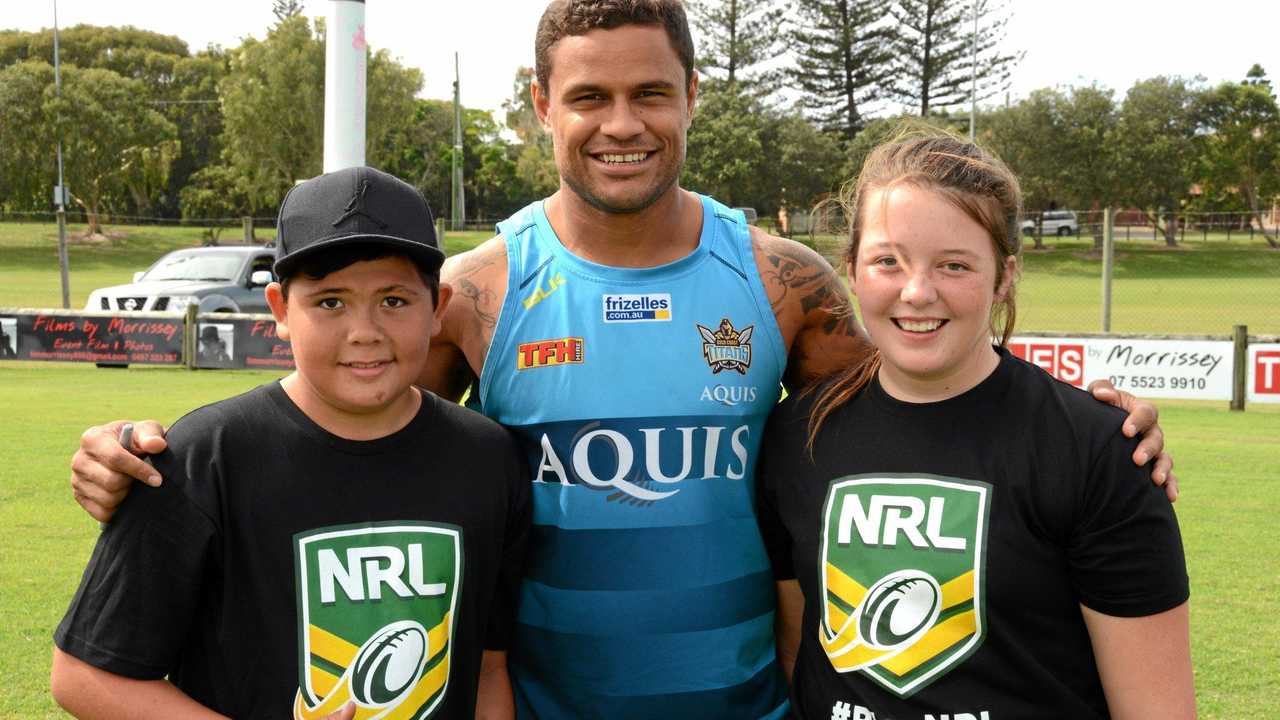 Titans' player Josh Hoffman with Kovi Ngan-Woo, 12 and Bethany Marchiori, 12 at the Titans' NRL School Holiday Footy Clinic at Cudgen Fields on Tuesday, April 19. Picture: Daniel McKenzie