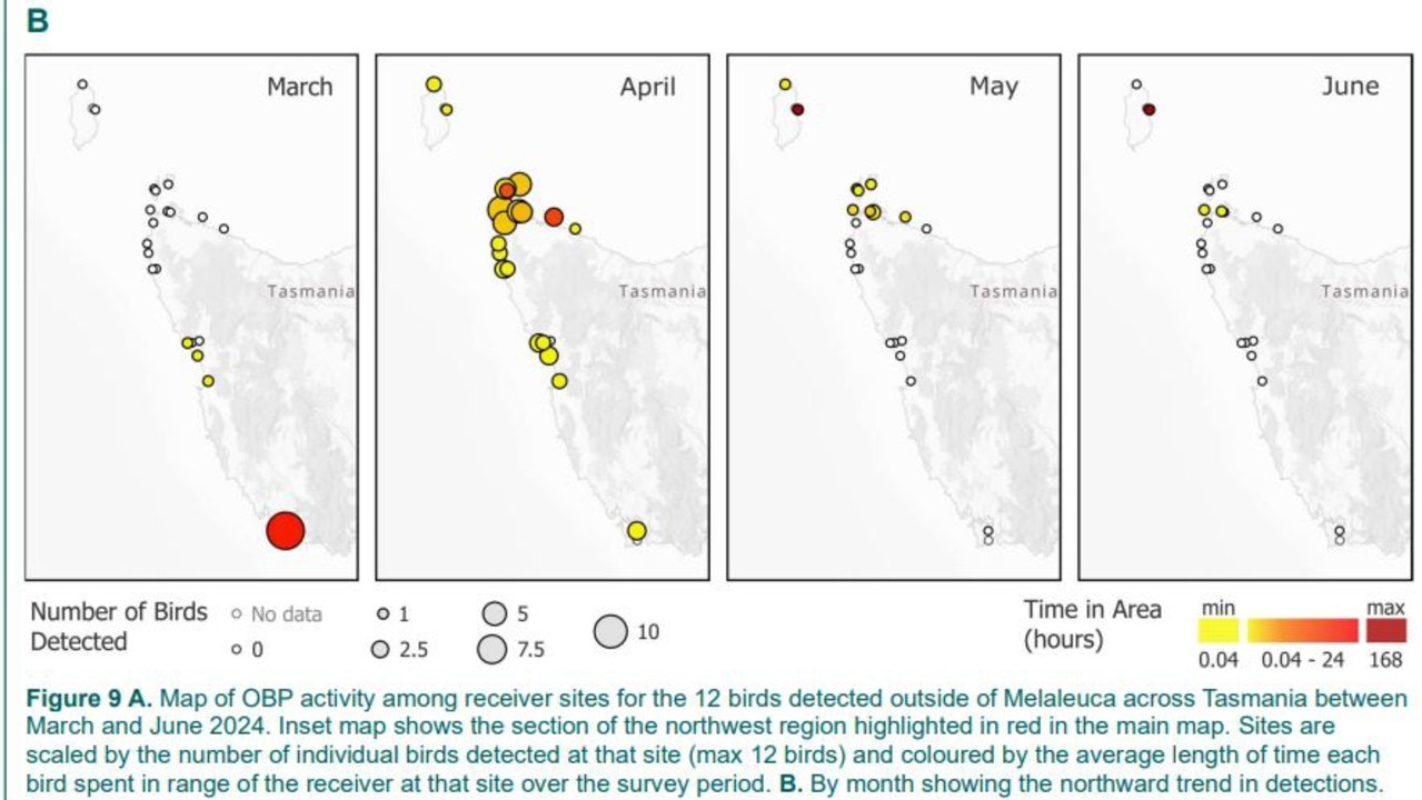 Map of Orange-Bellied parrot tracking from Orange-bellied Parrot Migration Tracking INTERIM REPORT 2024. Picture: Department of Natural Resources and Environment Tasmania