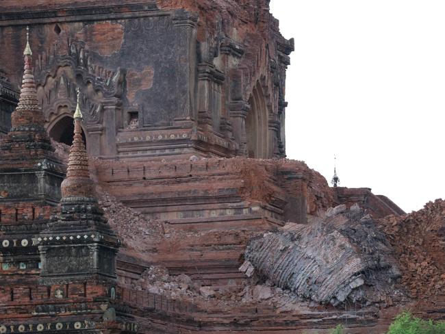 Parts of ancient pagoda collapse after a 6.8-magnitude earthquake hits Bagan. Picture: AFP/Soe Moe Aung